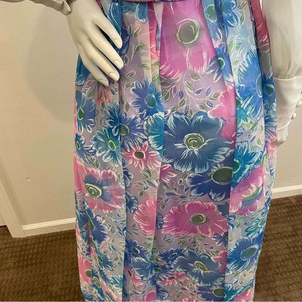 VINTAGE White Purple Blue & Pink Floral Print 60s 70s Belted Maxi Dress - Picture 15 of 15